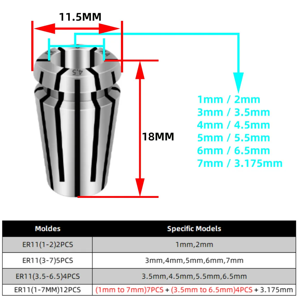 ER11 nahoře přesnost 0.003mm jaro kleštiny neuspět 0.002mm 1-7mm sada pro gravírování stroj vřetena CNC obráběcí pivot nářadí držák