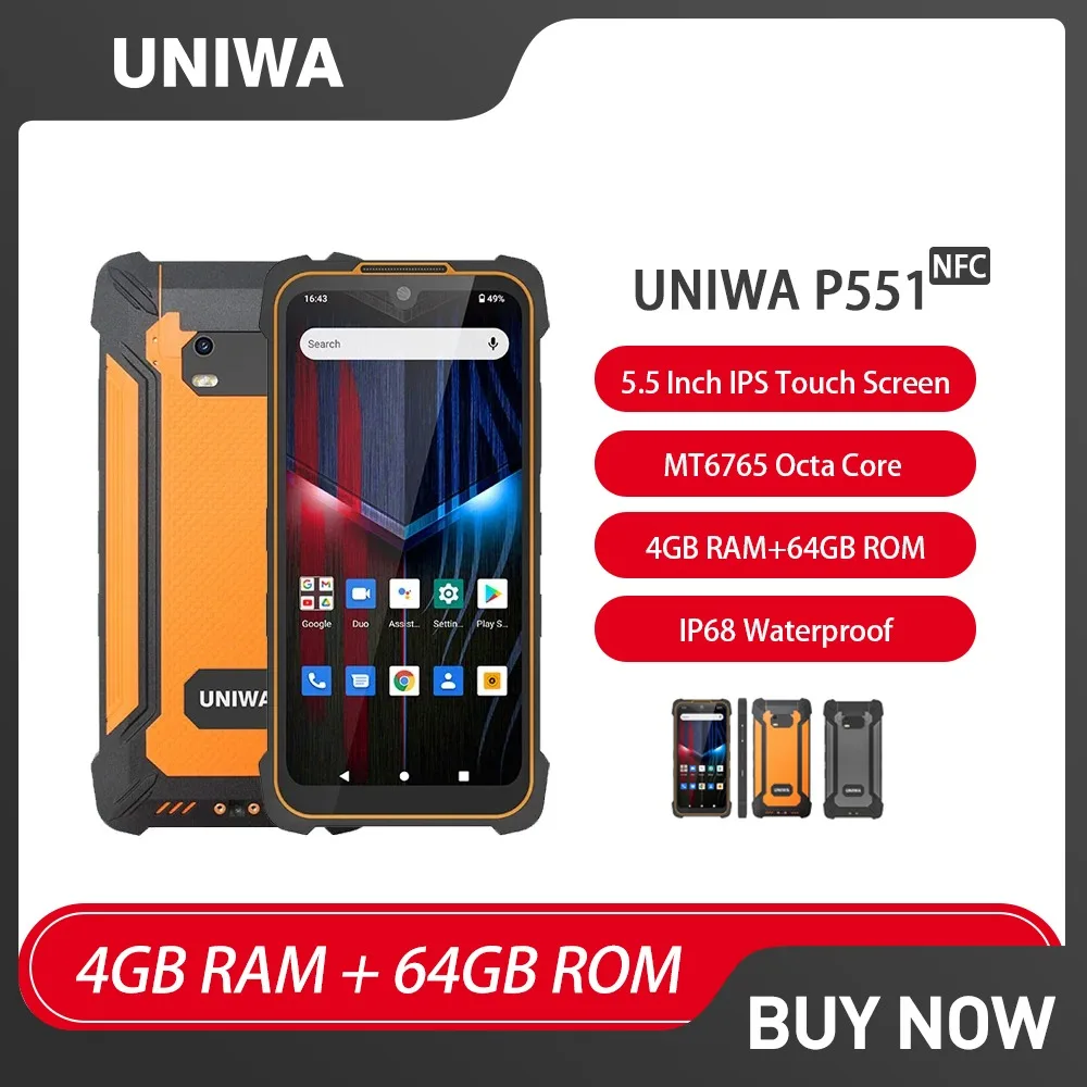 цена UNIWA P551 Rugged Smartphone Android 11 4GB+64GB 5.5 Inch IPS Ultra-Thin Handheld IP68 Rugged Phone PDA Mobile Device With NFC