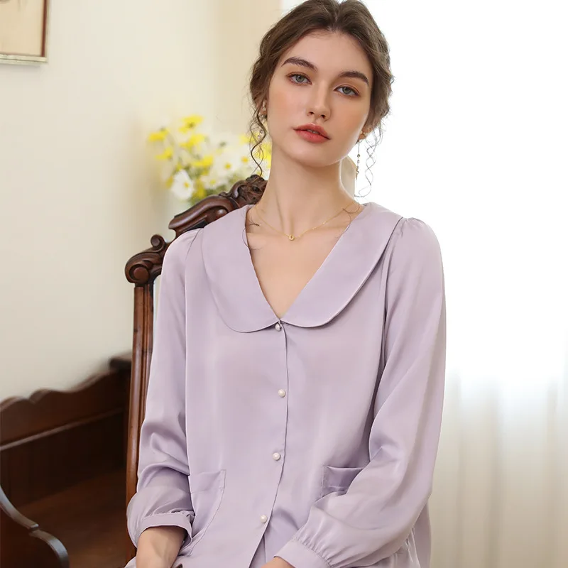 SXTHAENOO New French Fashion Ice Silk Pajamas For Women Retro Loose Long Sleeve Pants Sleepwear Sets ensemble femme 2 pièces