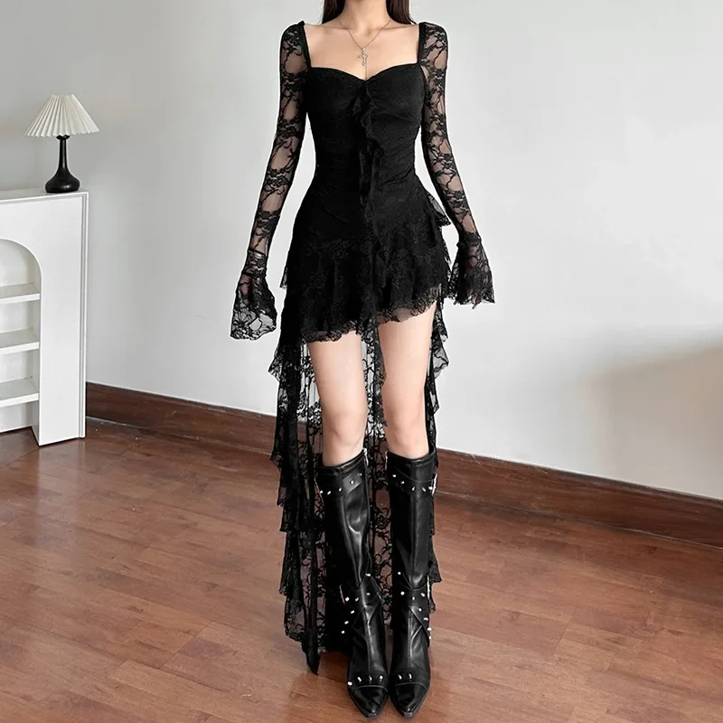 Fairycore Lace Flare Sleeve Square Neck A-line Dress Sweet E-girl Irregular Long Hem Dresses Cyber Y2K Party Vestido 3