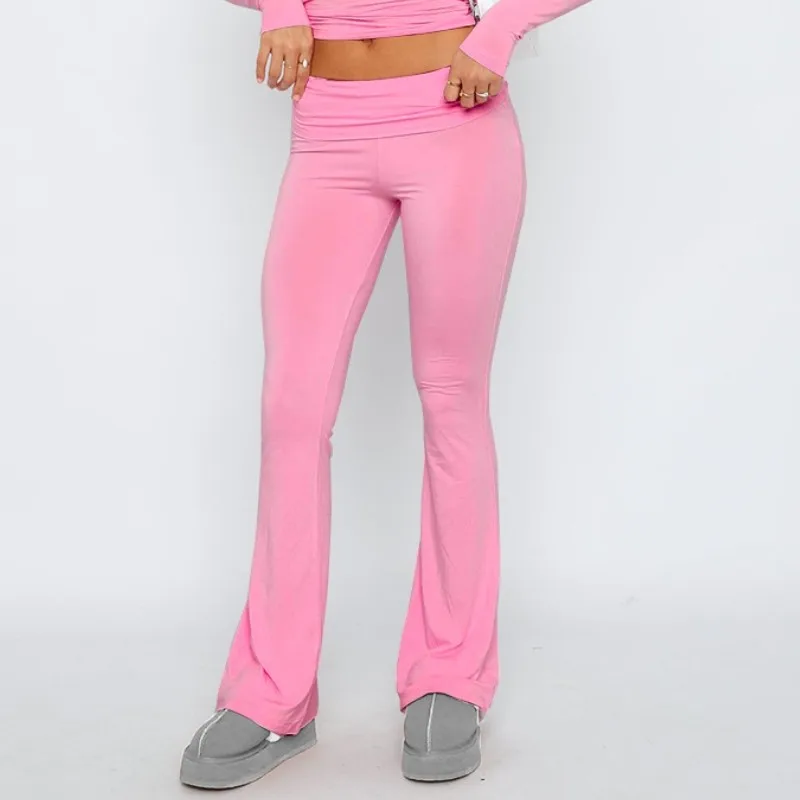 Women Pink Solid Leggings Flare Y2K Casual Joggers Trousers Pants Winter Pencil Low Waist Bodycon Bell Bottom Sweatpants