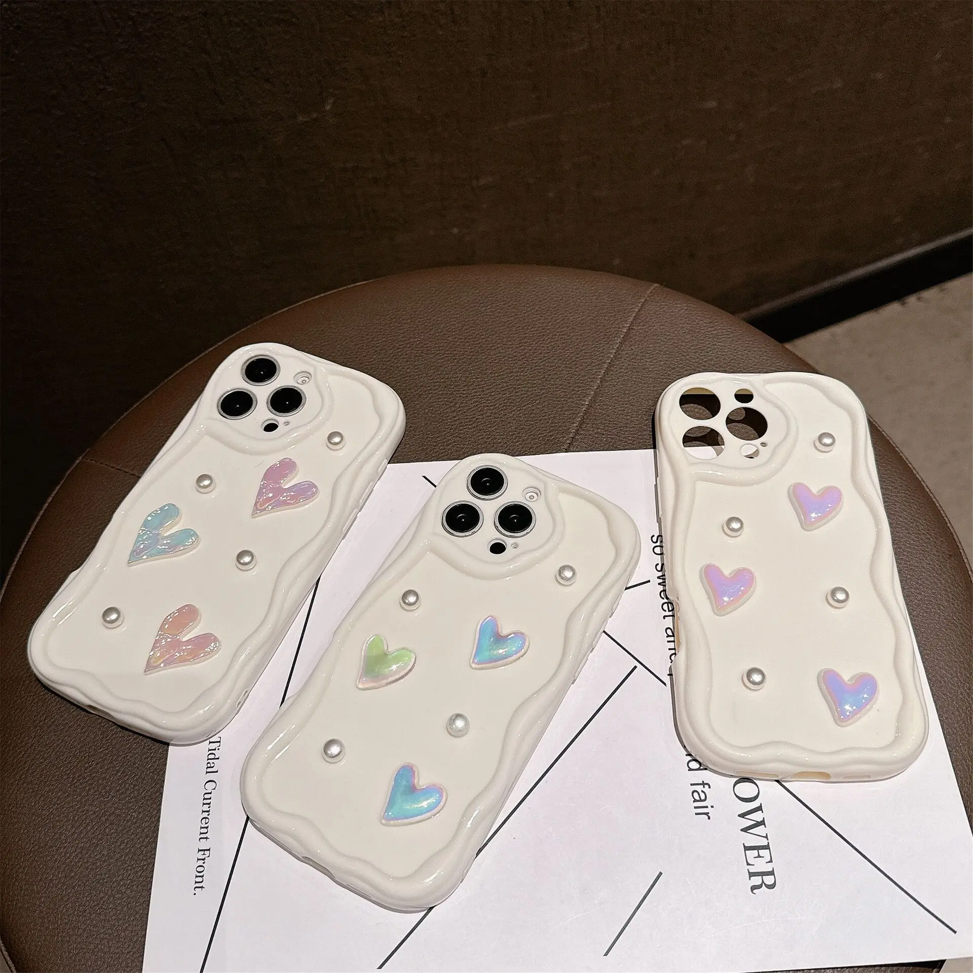 3D Pearl Love Heart Wavy Silicone Phone Case Cover