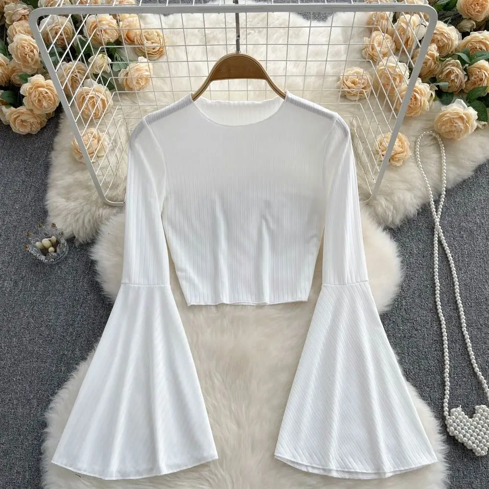 Hotsweet Elegance Casual Fashion Flared Sleeve Long Sleeve Crop Top Slim T-shirt And Blouses Autumn Y2k Clothes For Woman Basics