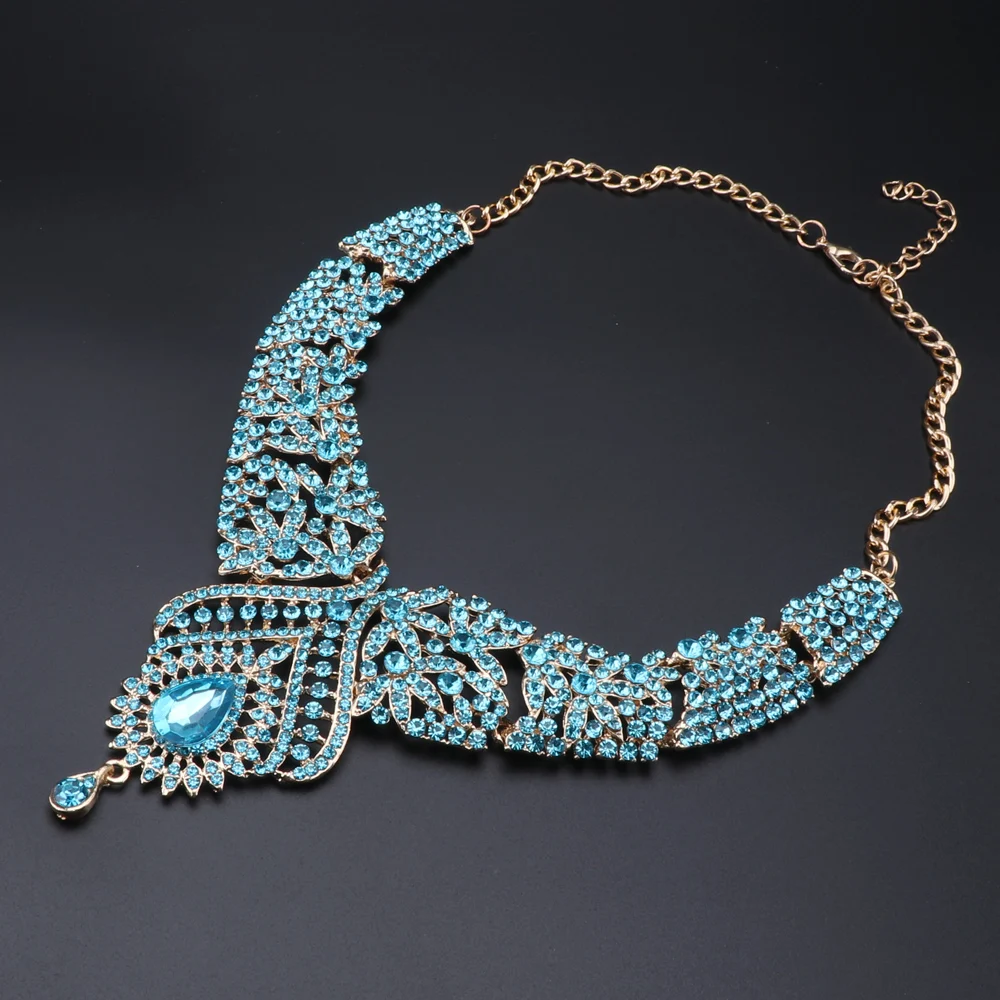 Women Luxury Blue Crystal Earrings Necklace Bridal Wedding Jewelry Set Elegant Bride Party Prom Costume Dress Accessories Gifts bridal jewelry sets crystal jewelry sets
