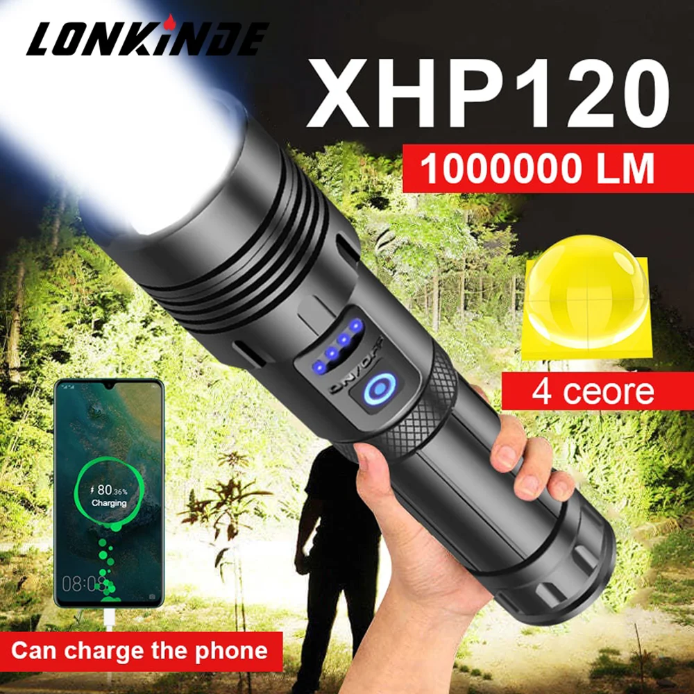 High Power XHP120 Led Flashlight USB Rechargeable 4 Core XHP70 Torch Zoom Usb Hand Lantern For Camping, Outdoor & Emergency Use