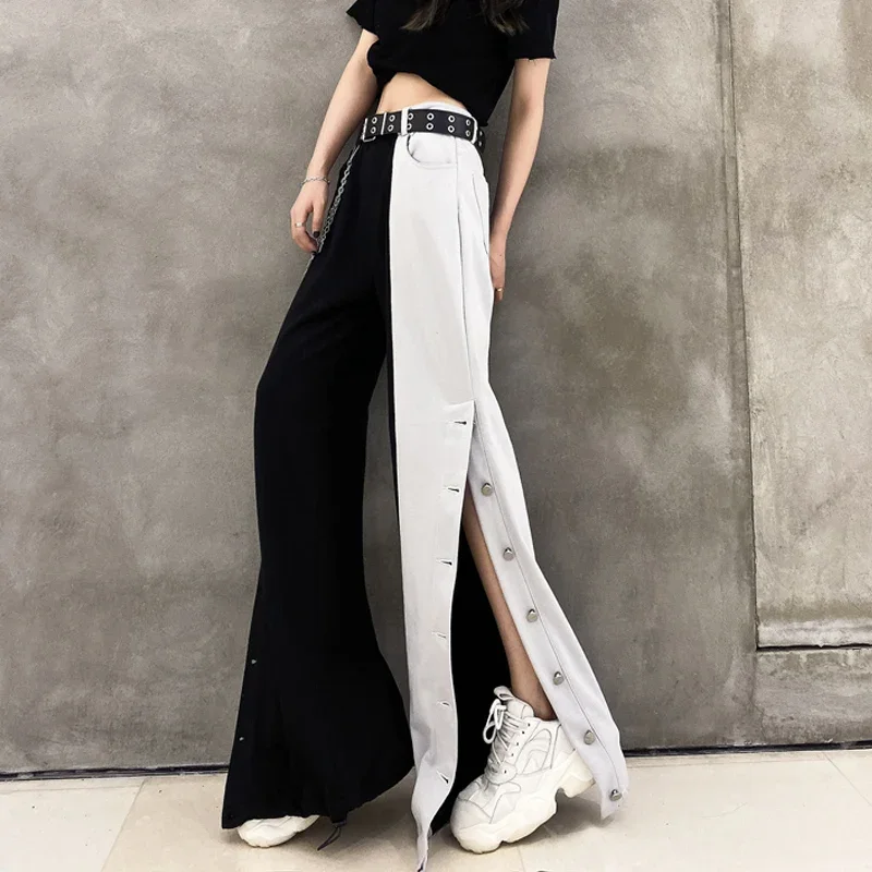 Women Elastic Waist Wide Leg Korean High Street Pants 2024 New Fashion Contrast Cargo Pants Female Plus Size Trousers Popular