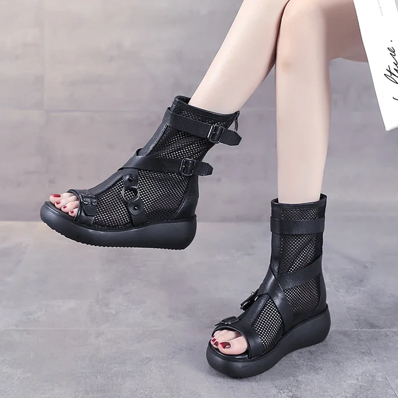 

Mesh Cool Boots Women's Summer Leather British Style Hollowed Out Ankle Boots Thick Heel Platform Sandals