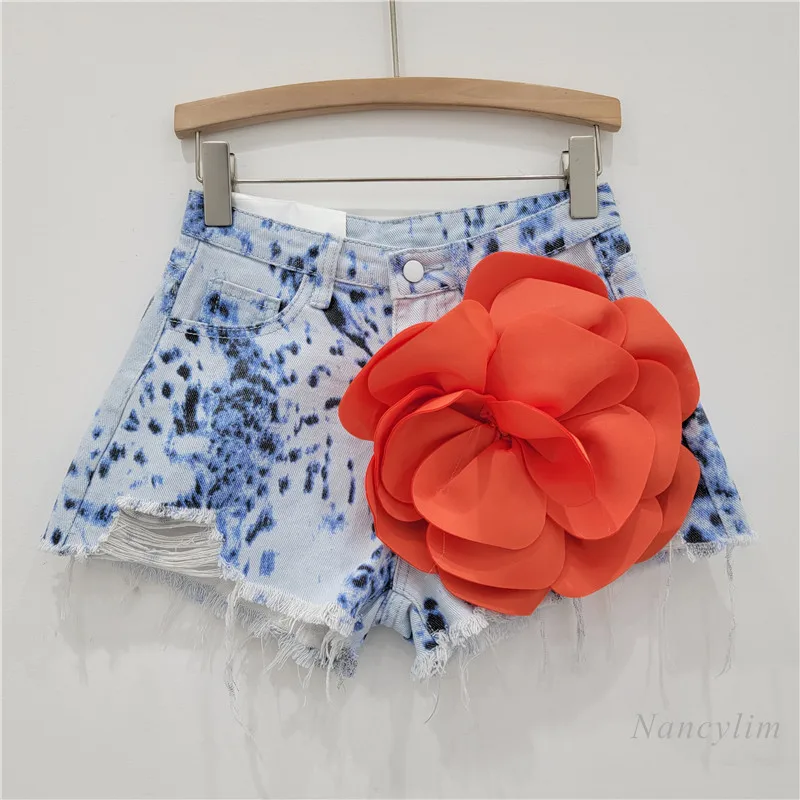 Printed Tie-Dyed Sexy All-Matching Ripped Tassel Frayed Three-Dimensional Flower Denim Shorts Wide Leg Hot Pants for Women
