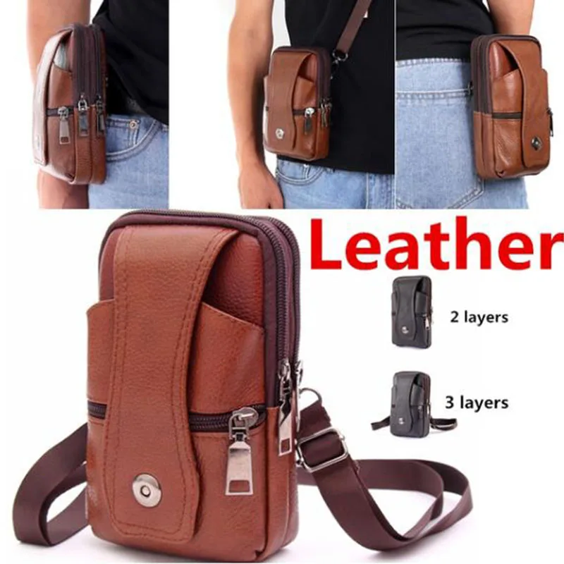 {CC44} Men Cell Phone Belt Pack Bag Loop Waist Bag Holster Pouch Case​ Genuine Leather