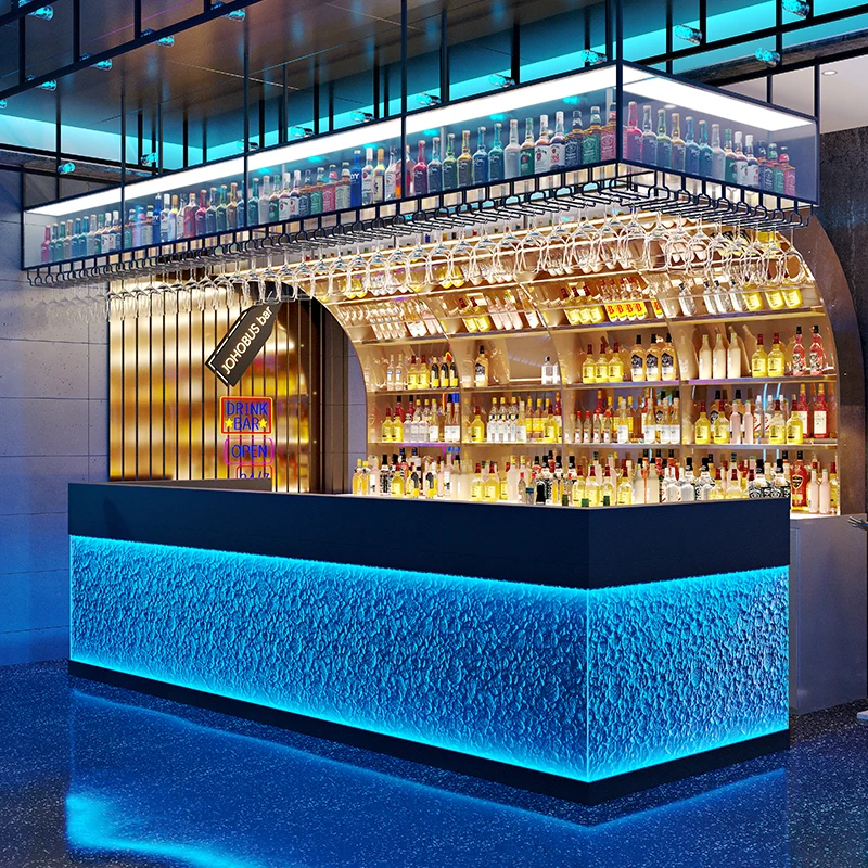 Bar Counter, Wine Cabinet, Wall Mounted Luminous Wine Rack, Wrought Iron Creative Tempered Glass Cashier Counter