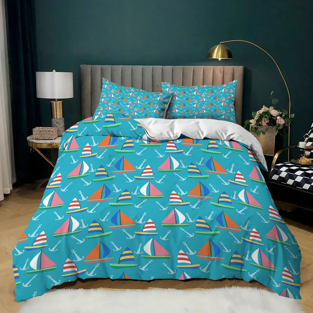 Nautical Boat Sail Sea Blue Duvet Cover Bedding Set Comforter Linen Pillowcases For Kids Adults Single Double King Queen
