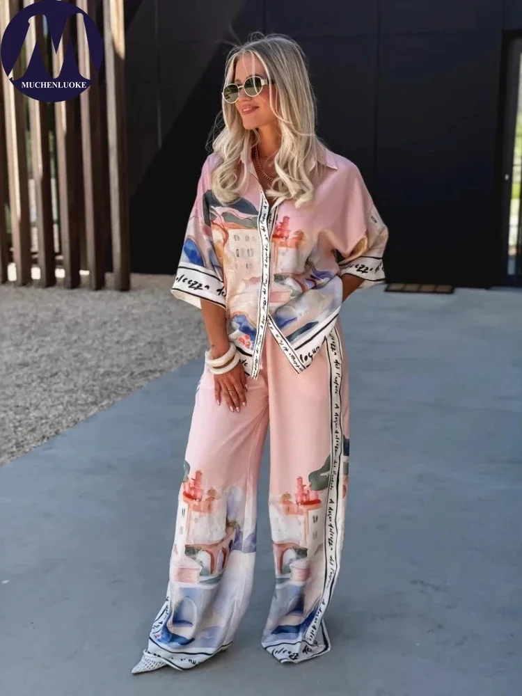 Women’s Elegant Printed 2-Piece Set – Half Sleeve Top & Wide Leg Pants 1