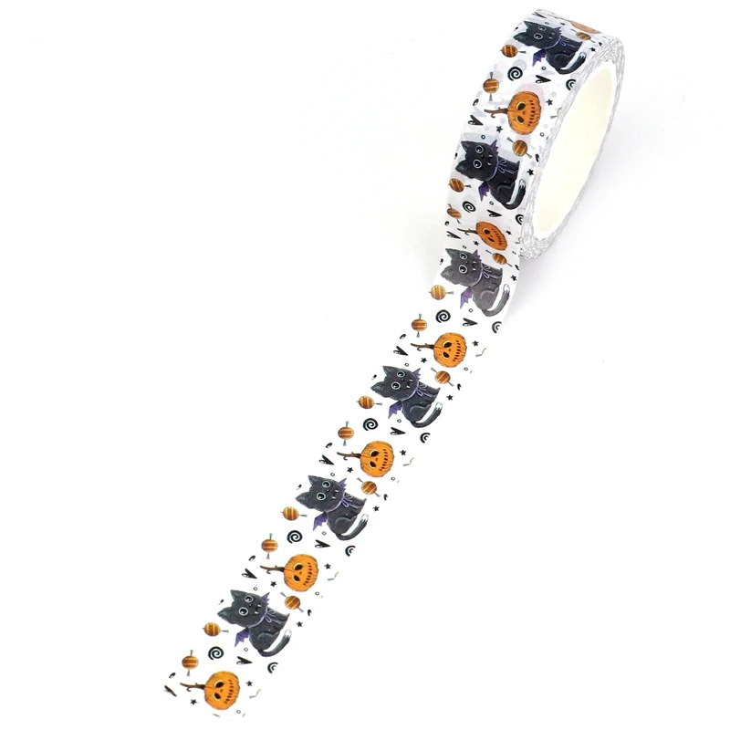 2023 NEW 1PC 10M Decorative Halloween Black Cat & Pumpkin Washi Tape for Planner Adhesive Masking Tape Cute Stationery 3