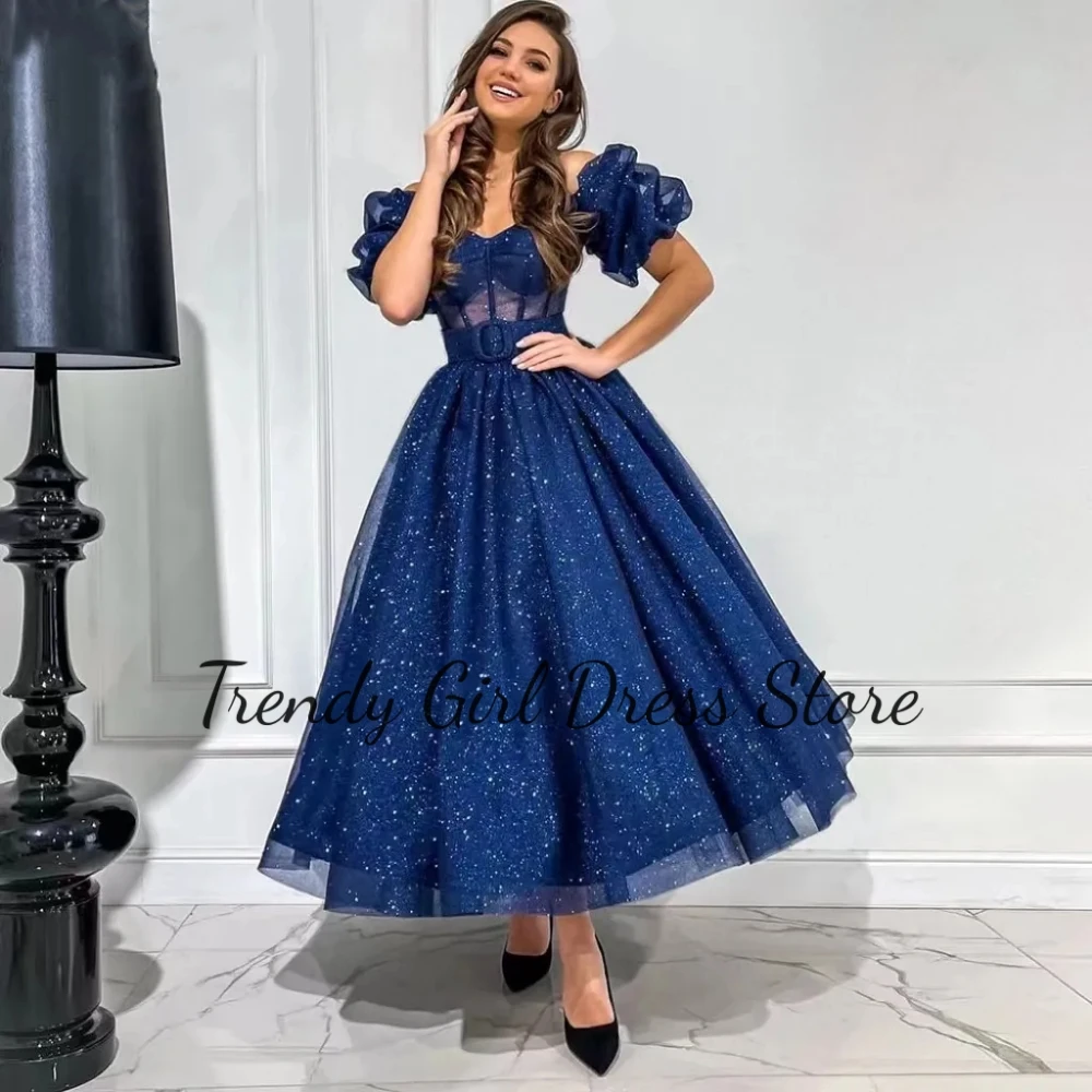 

Fairy Navy Blue Evening Dress with Puffy Sleeves Ankle Length Prom Gowns Plus Size Custom Vestido Boda invitada Elegante 2024