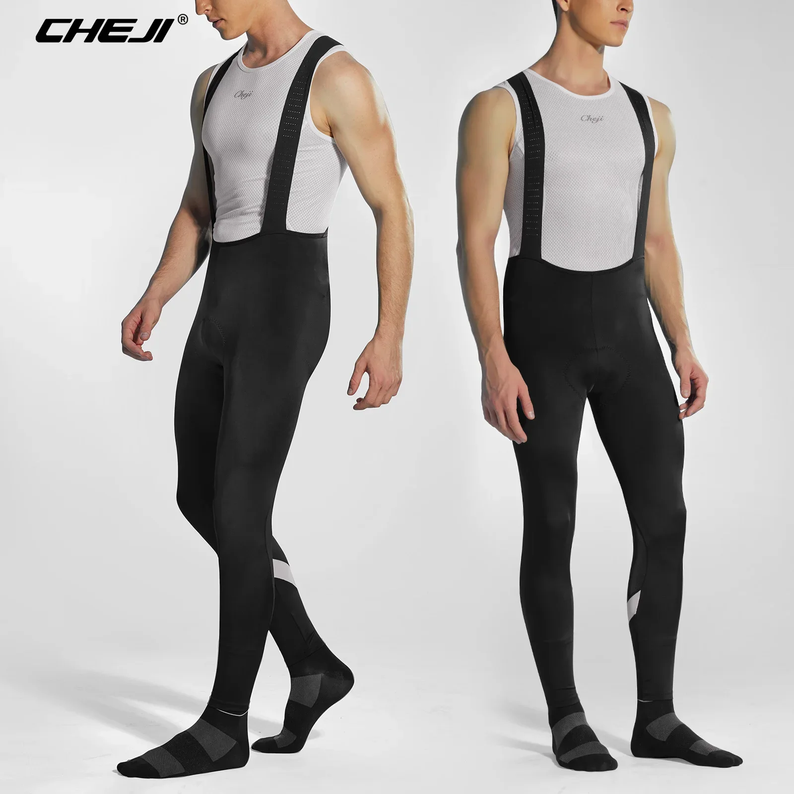 Cheji Winter Cycling Tights & Pants for Men Fleece Thermal Shoulder Belt Trousers Fabric Wear-resistant Breathable Slim