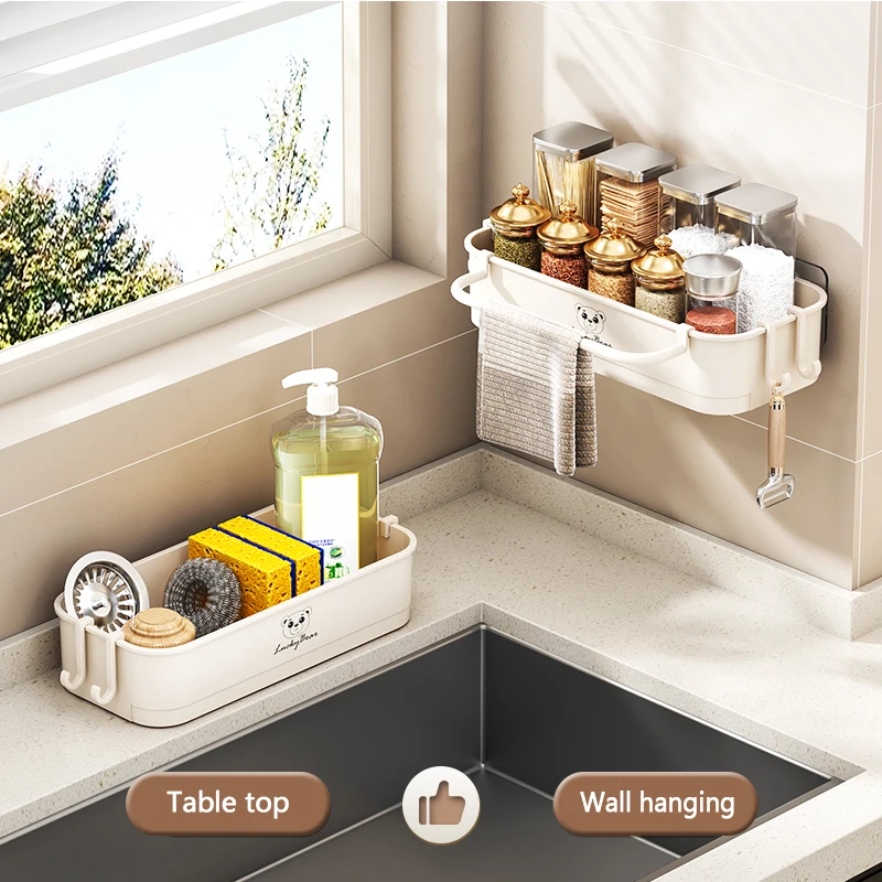 2 Pcs Sponge Holder Kitchen Sink Caddy With Hooks, Dish Sponge Organizer With Divider, Dish Soap Dispenser Brush Holder Storage