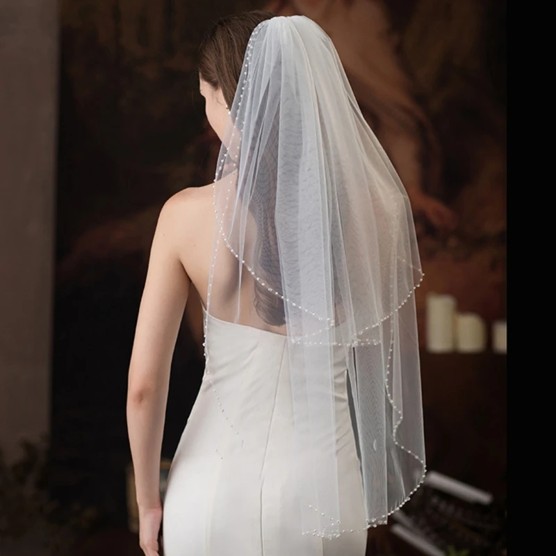 

E15E White Wedding Veil with Hair Comb Beadwork Midlength Bridal Veil Wedding Headpiece for Bride Veil for Engagement