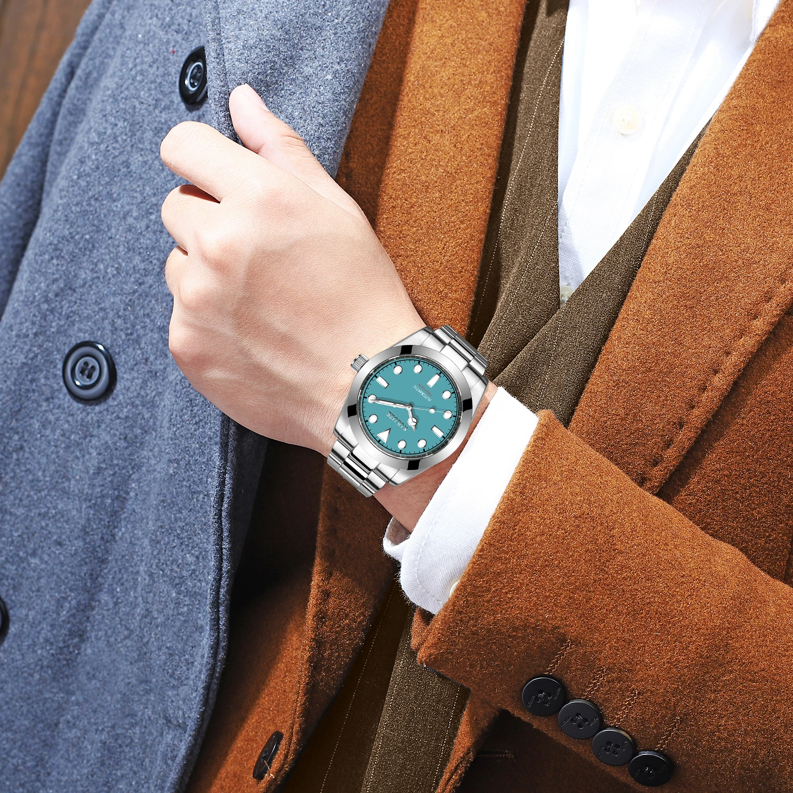 KULUZE Men Luxury Stainless Steel AR Sapphire Watch Fashion Sport Automatic Mechanical 10Bar Waterproof reloj hombre for Mens