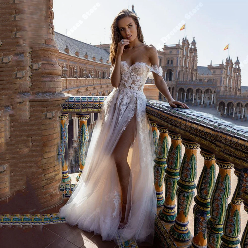 2025 Off The Shoulder Sleeveless Wedding Dresses Elegant Bridal Lace Sleeves A-Line Fork Engagement Ball Women Robes Customized 4