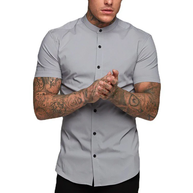 New Fashion Summer Casual Short Sleeve Shirt Men Stand Collar Super Slim Fit Business Dress Shirt Mens Button Gym Fitness Tops casual short sleeved shirt short sleeved shirt button down shirt