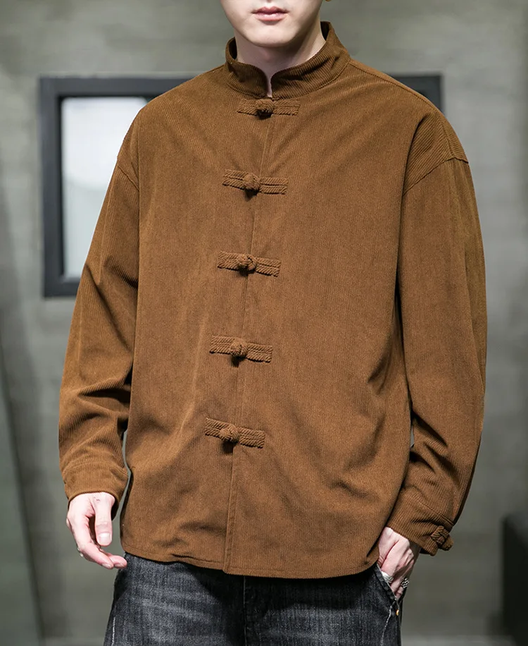 Description Picture 2 of itemChinese Style Mens Stand Collor Corduroy Long Sleeve Tops Shirt Slim Fit Cardigan 2024