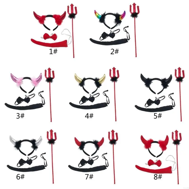 Y5JD Halloween Devil Costumes Set Tail Bowtie Devil Horn Headband Red Pitchforks Tail