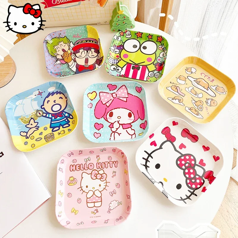 

New Sanrio HelloKitty MyMelody Tableware Kawaii Anime Melamine Imitation Ceramic Kitchen Children's Cake Plate Anti Shatter Tray