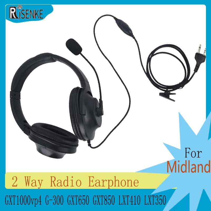 Risenke-Auricolari Per Walkie-Talkie Per Midland,Gxt1000Vp4,G-300,Gxt650,Gxt850,Lxt410, Lxt350, Cuffie A 2 Punte Con Boom Mic, Ptt Vox