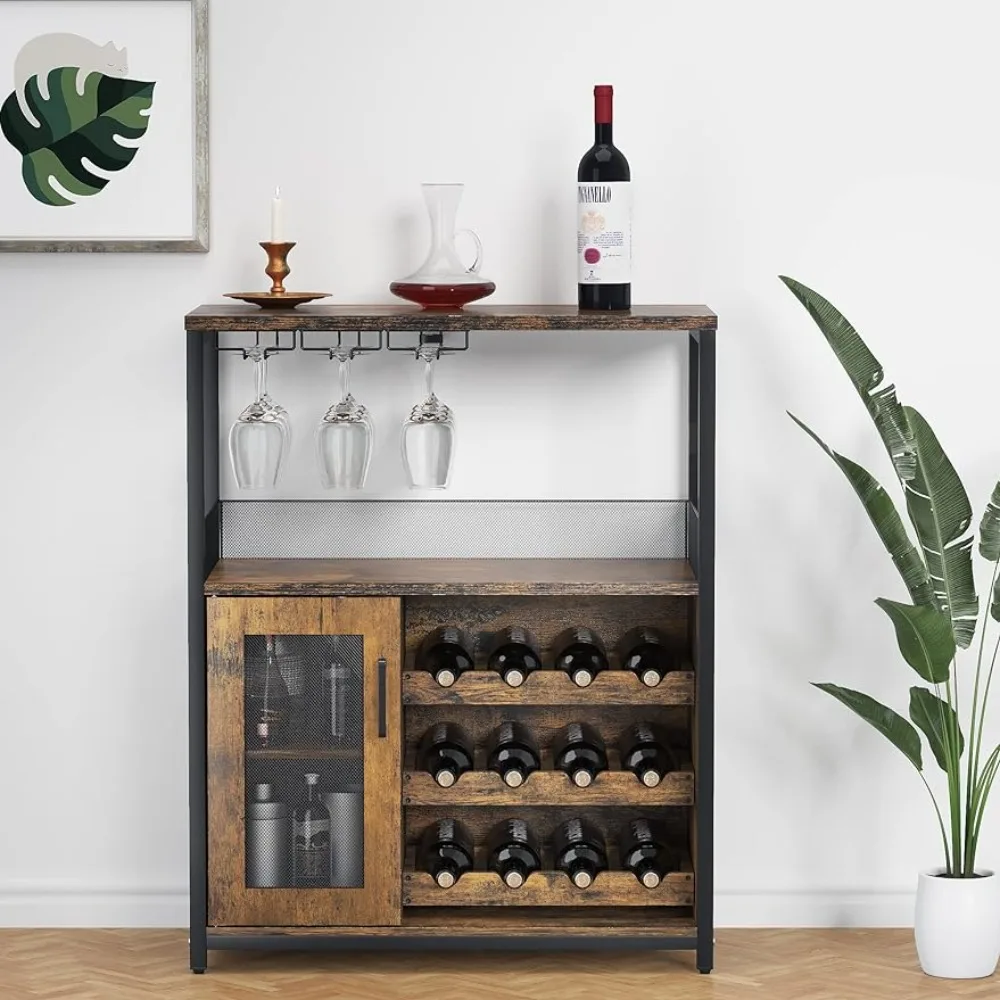 

Wine Bar Rack Cabinet with Detachable Wine Rack,Bar Cabinet with Glass Holder, Small Sideboard and Buffet Cabinet with Mesh Door