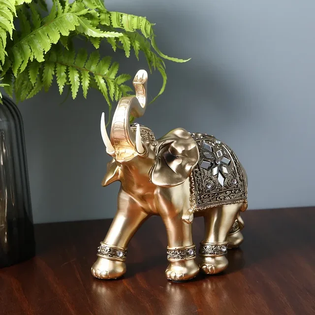 Statue d'éléphant en résine dorée, Feng Shui, élégante sculpture de tronc d'éléphant, figurine de richesse chanceuse, ornements d'artisanat pour la décoration intérieure 2