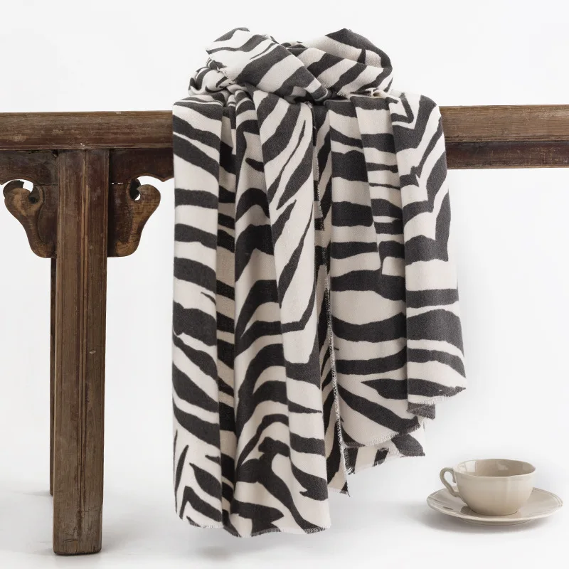 Fashionable All-Matching Autumn and Winter Thickened Zebra Pattern Cashmere-like Women's Cold-Proof Warm Scarf Striped Shawl Sca