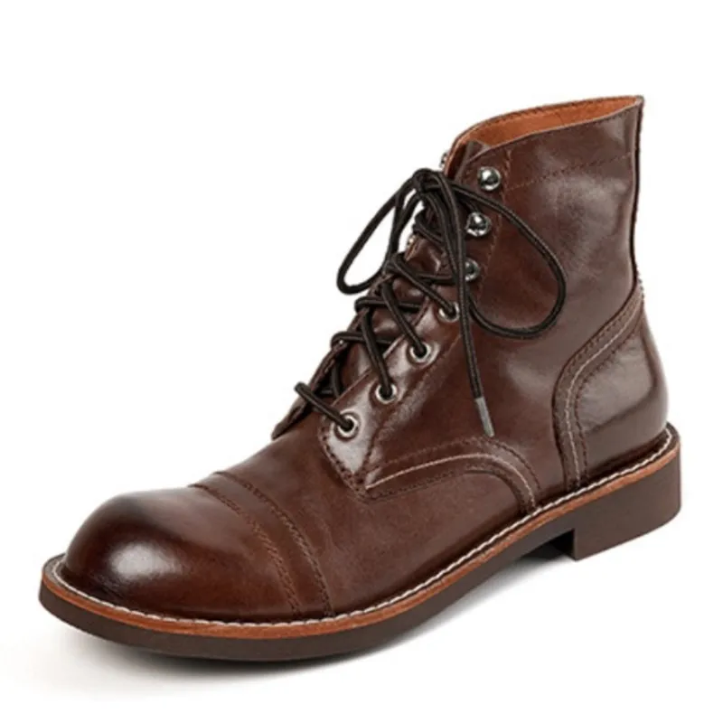 

European Style Basic Shoes Woman Round Toe Cowhide Work Shoes Spring Autumn Botas Lace-Up Ankle Boots Low Heel Winter Boots