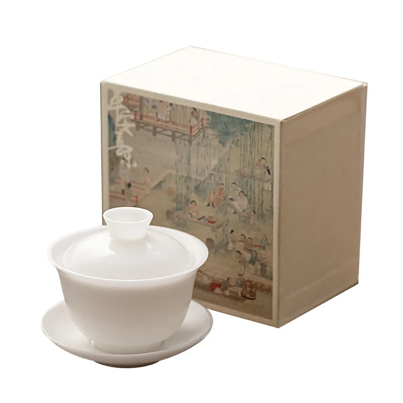 150ml Burnt Mutton Fat Jade White Porcelain Gaiwan Japanese Tea Tureen Tea Cover Bowl Ceremony Supplies Teaware Gift Box