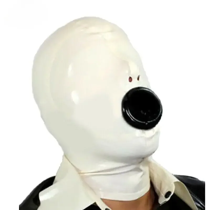 

White Latex Hood with Inner Mouth Condom Open Nose Back Zipper Rubber Mask