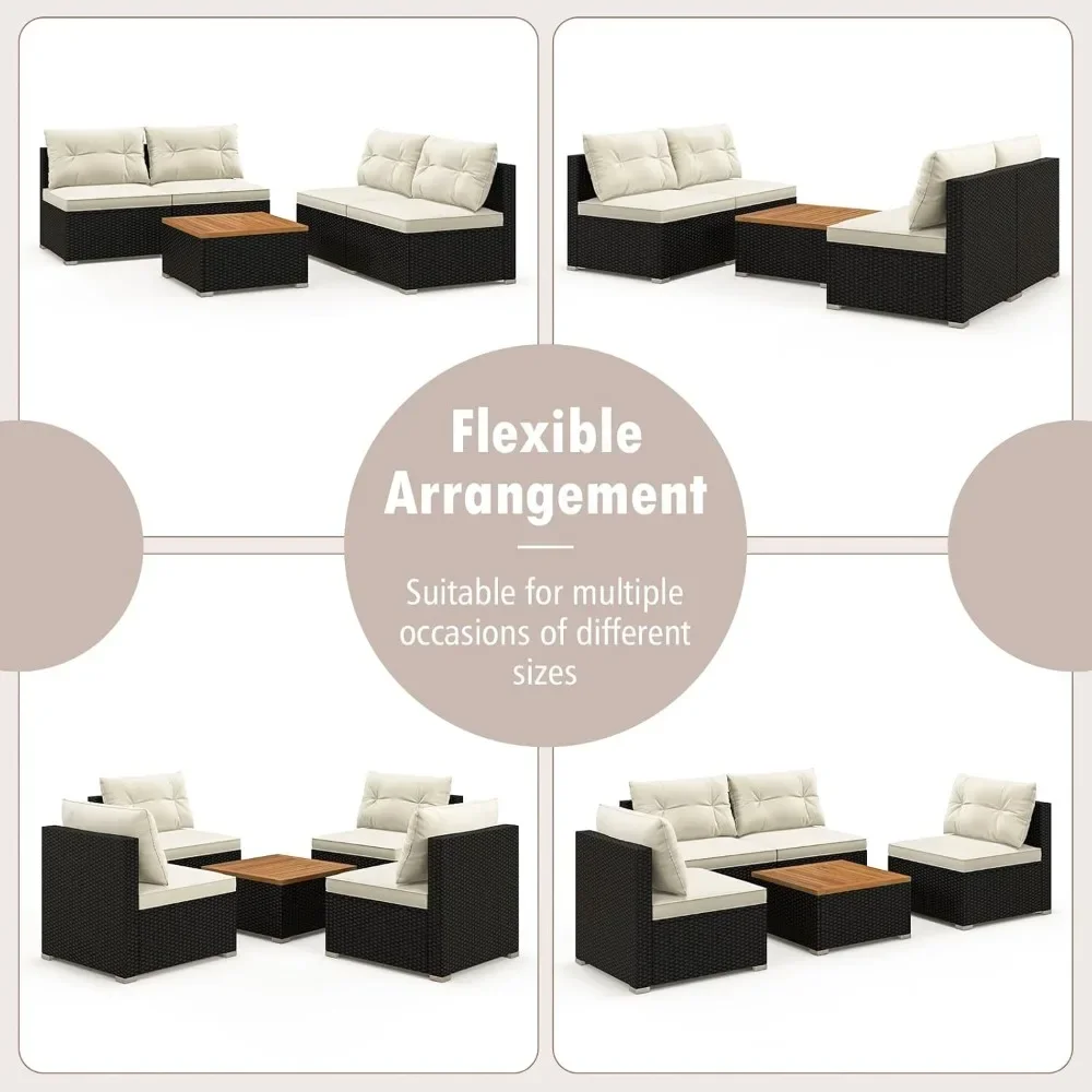 5 Piece Rattan Sofa Set, Patiojoy Outdoor Wicker Furniture Set with Seat & Back Cushions, Square Coffee Table, Garden Sofa Set 2
