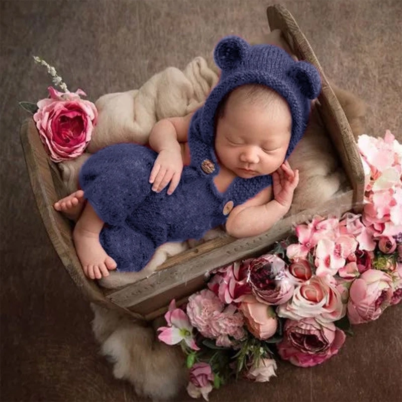 Newborn Photography Props Roupas, Crochet Knitted Romper, Bear Ear Hat, Macacão Set, Studio Photo Shooting Costume, Boy and Girl