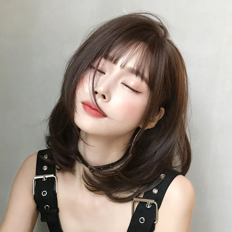 Short Straight Chocolate Brown Bob Wig with Neat Bangs - High Density Synthetic Layered Hair Wig