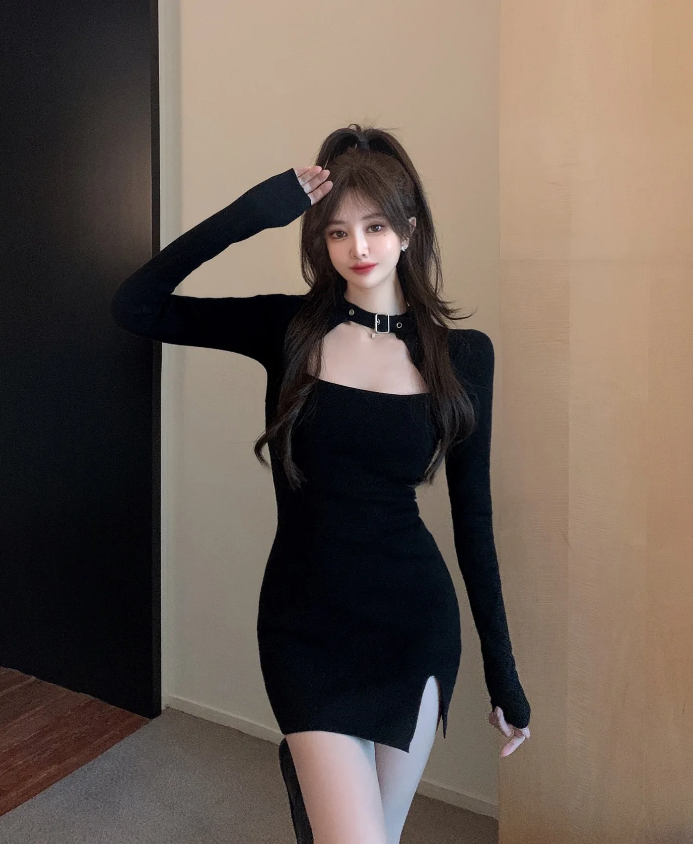 Korean Aesthetic Black Dress With Wide Waist Corset Belt