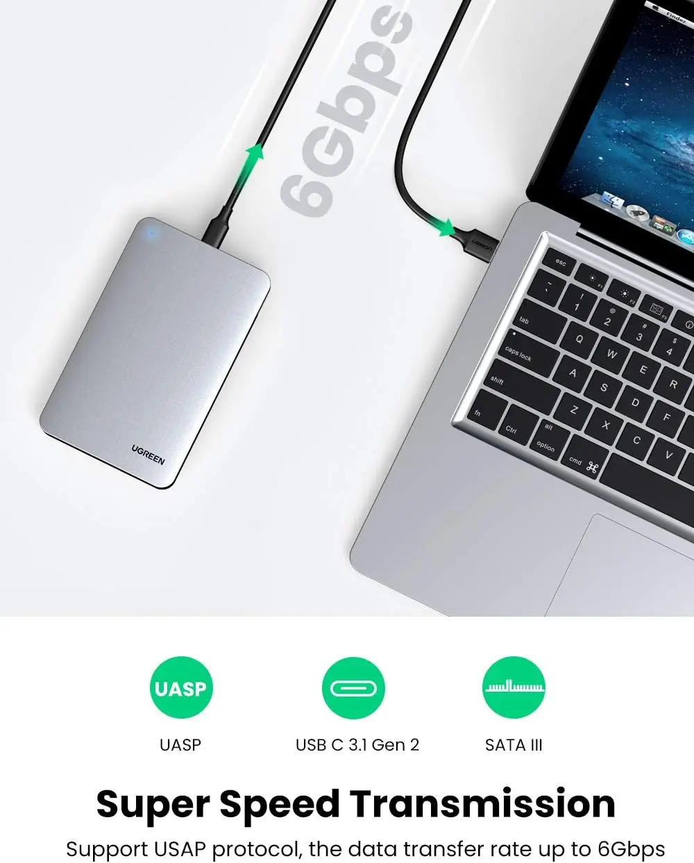 UGREEN 2.5인치 USB 3.1 Gen2 SATA 외장 하드 드라이브 케이스 6Gbps UASP SSD HDD 케이스 (노트북/데스크탑용)