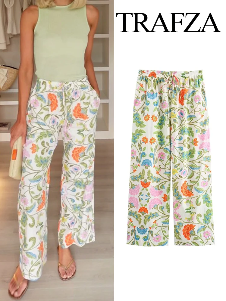 

TRAFZA 2024 Summer Women's Fashion Street Pants Retro Print Decorated Women's Lace Casual Pants Loose Pocket Pants TRAF