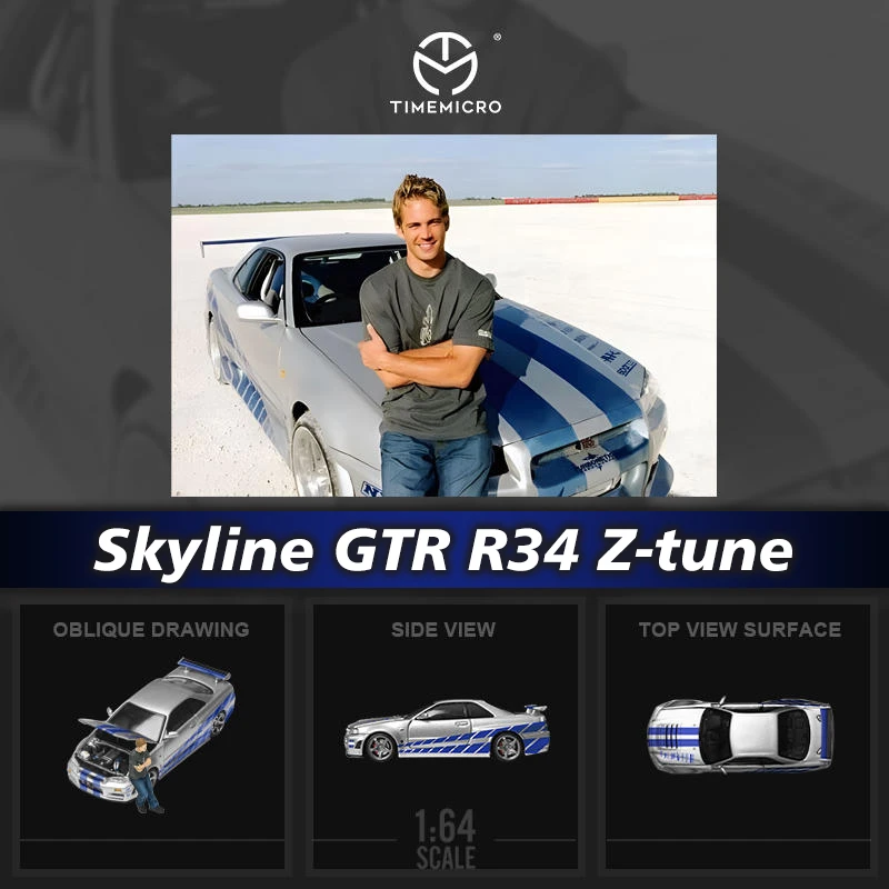 1/64 TIMEMICRO 日産　GTR R34 ワイスピ　シルバーブルー 1/64 TimeMicro Nissan Skyline GT-R R34 (Silver with Blue