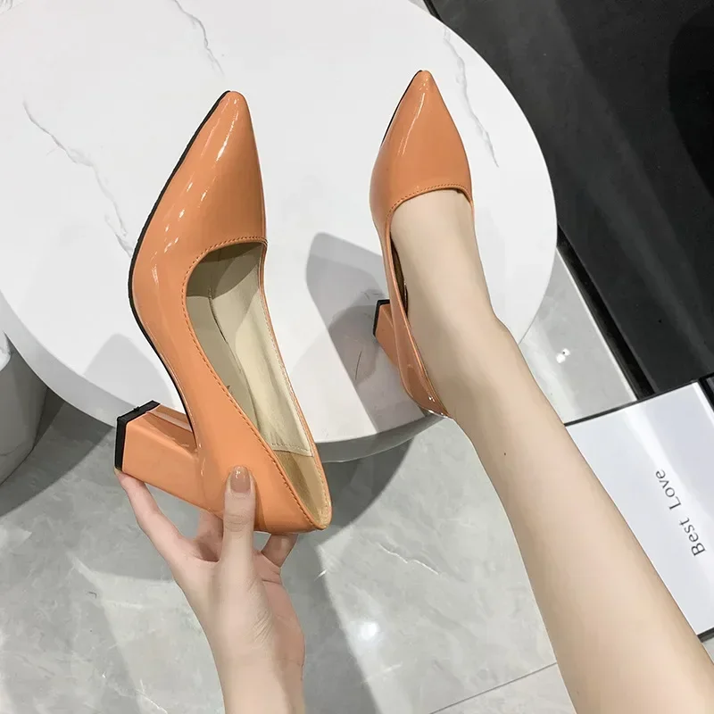 Patent Leather PU Woman Pumps 10cm Square Heels Sexy Party Pointed Toe Luxury Women's Shoes Super Big Size 35-43