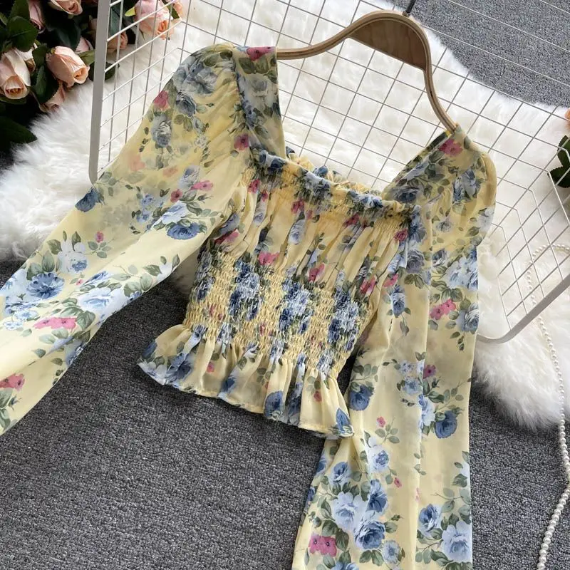 Pink Floral Printing Chiffon Square Collar Lantern Sleeve Women's Blouse Shirt Korean Fashion Female Clothing Tops 2024 Summer