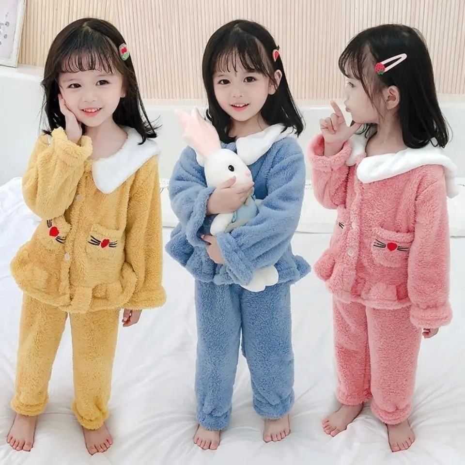 

2022 children's pajamas baby autumn and winter thickened home clothes suit coral velvet boys and girls 1 to 6 years old