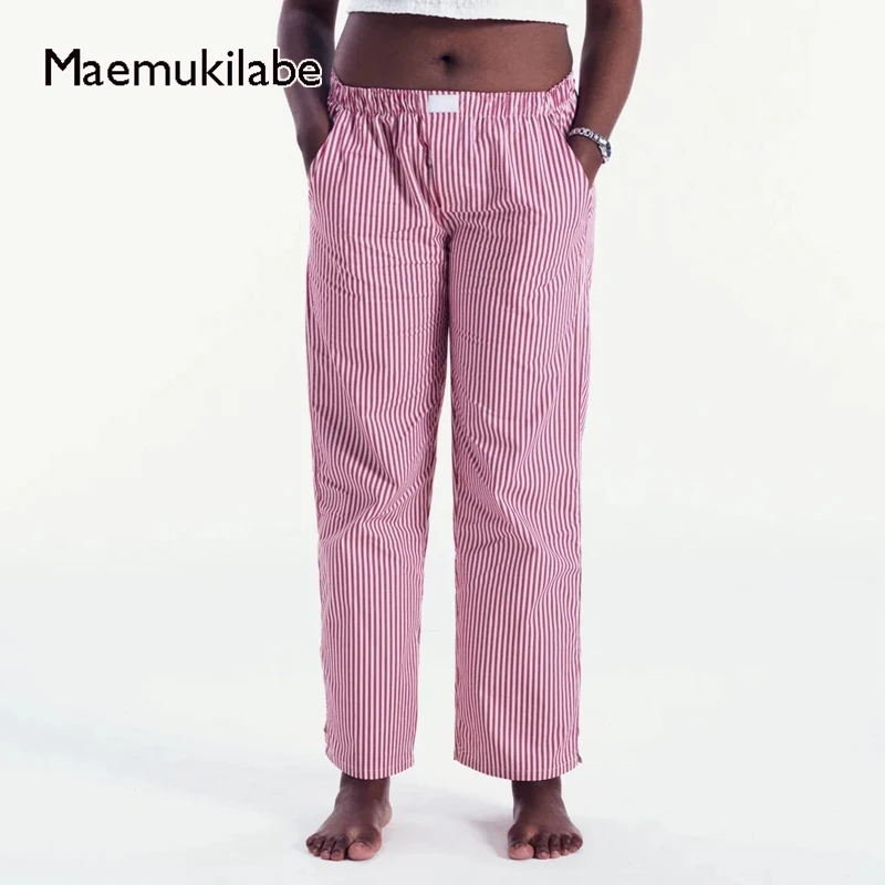 

Maemukilabe 90s Vintage Wide Leg Pants Stripe Print Elastic Loose Lounge Pajamas Trousers with Pockets Women Pants Streetwear