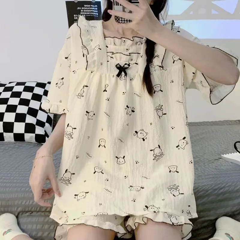 Kawaii Sanrio Sleeping Pajamas Pochacco New Summer T Shirt+Shorts 2Pcs Homewear Pajamas Cute Pochacco Kuromi Sleeping Dress