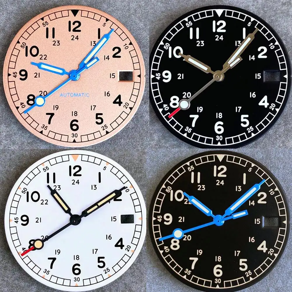 Vintage 29mm Black and White Field Watch Dial with Date Window and Hand Set