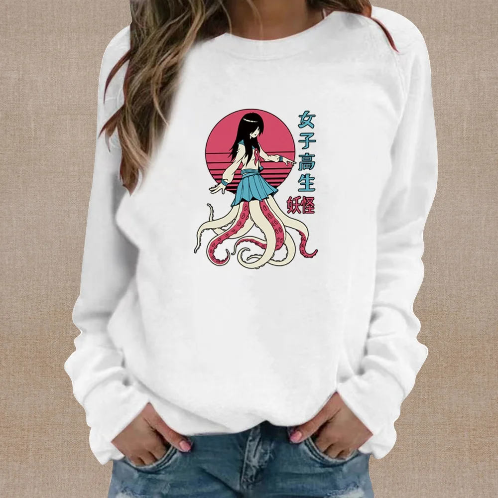 Women's White Sweatshirt Cute Monster Pattern Printed Long Sleeve Casual Sweatshirt Round Neck Lightweight Comfortable Pullover