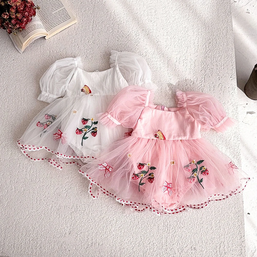 Cotton Baby Girls Strawberry Embroidery Dress