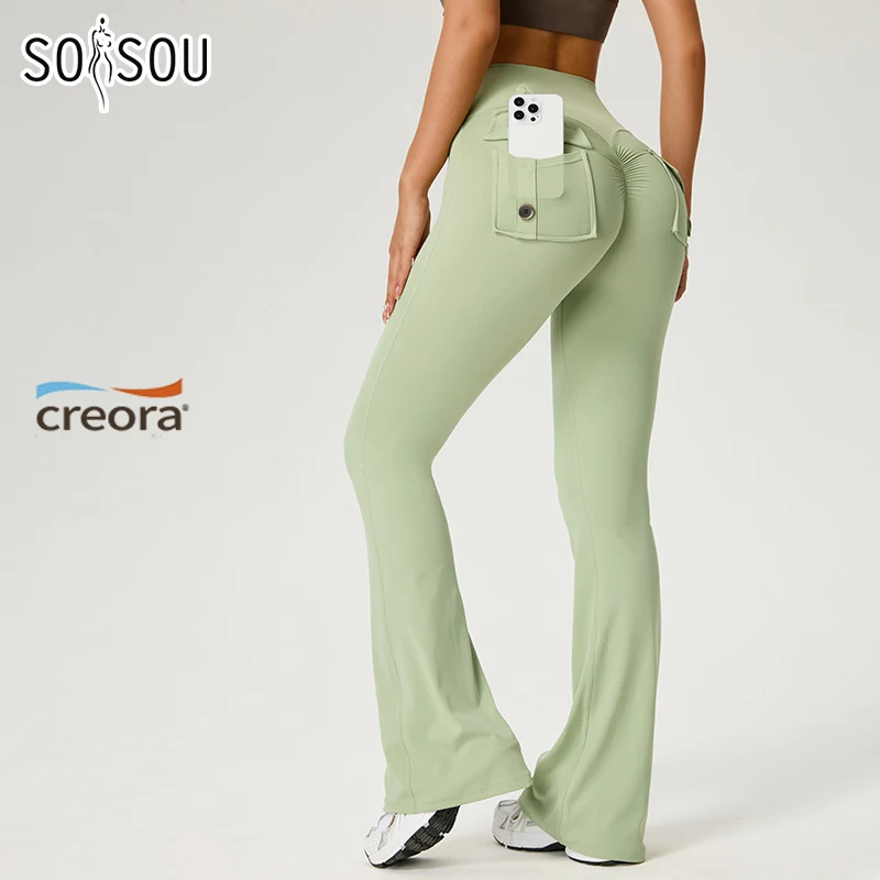 SOISOU 여성용 플레어 팬츠 요가 레깅스 벨바텀 타이트 엘라스틱 통기성 ..